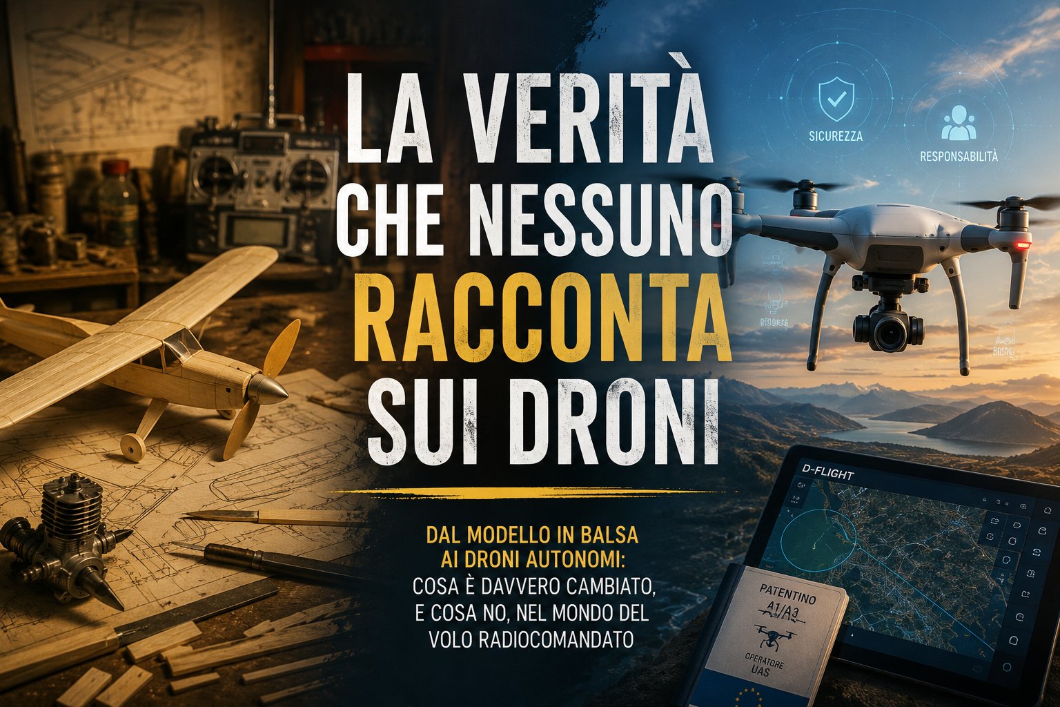 Aeromodello d'epoca in balsa accanto a un drone moderno