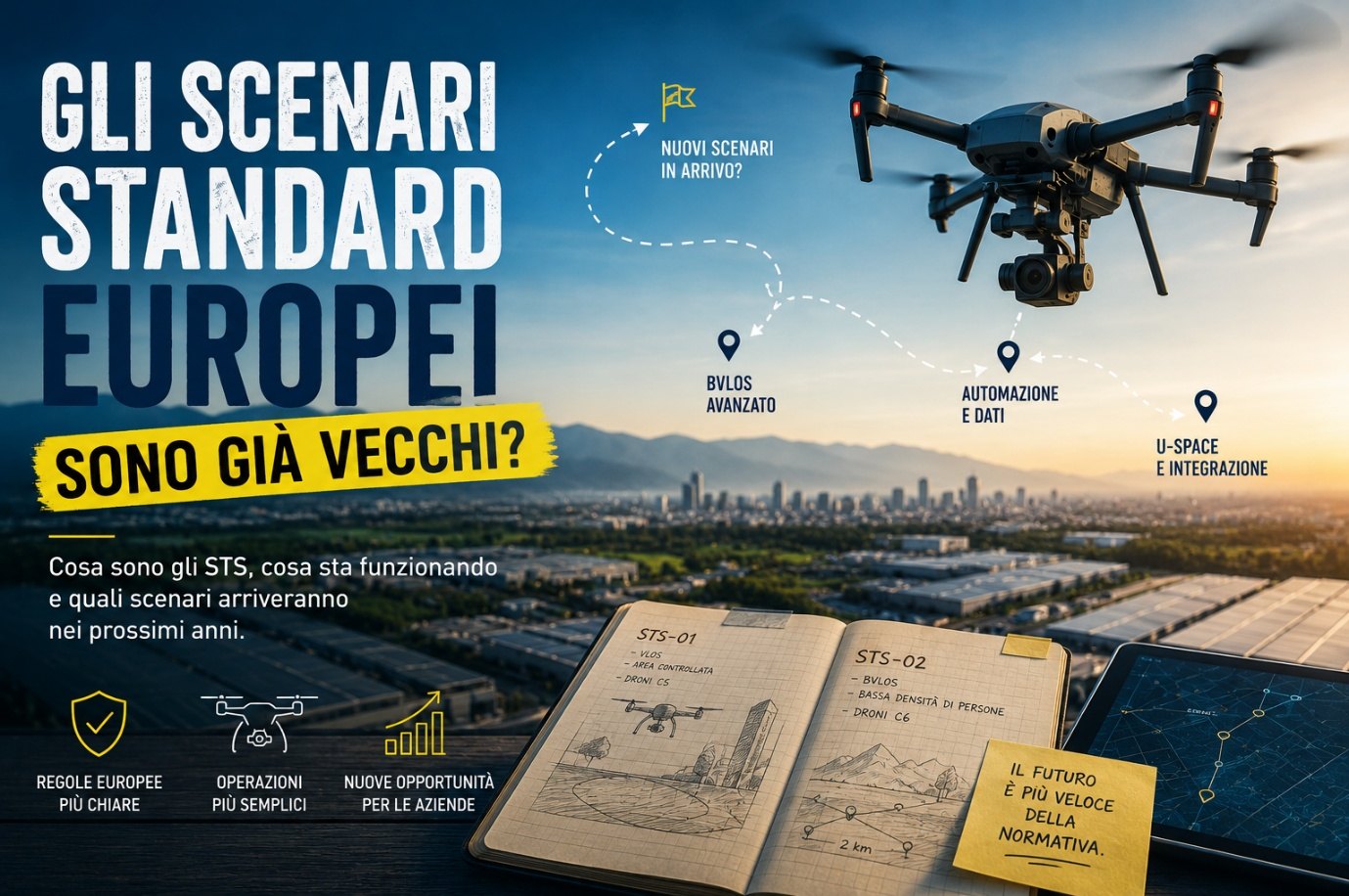 Infografica sugli Scenari Standard Europei STS-01 e STS-02 con drone professionale e appunti tecnici