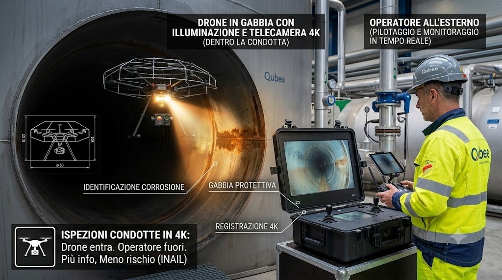 Schema dell'ispezione di condotte con drone Qubee: drone in gabbia con illuminazione e telecamera 4K all'interno della tubazione, operatore all'esterno che pilota e monitora in tempo reale
